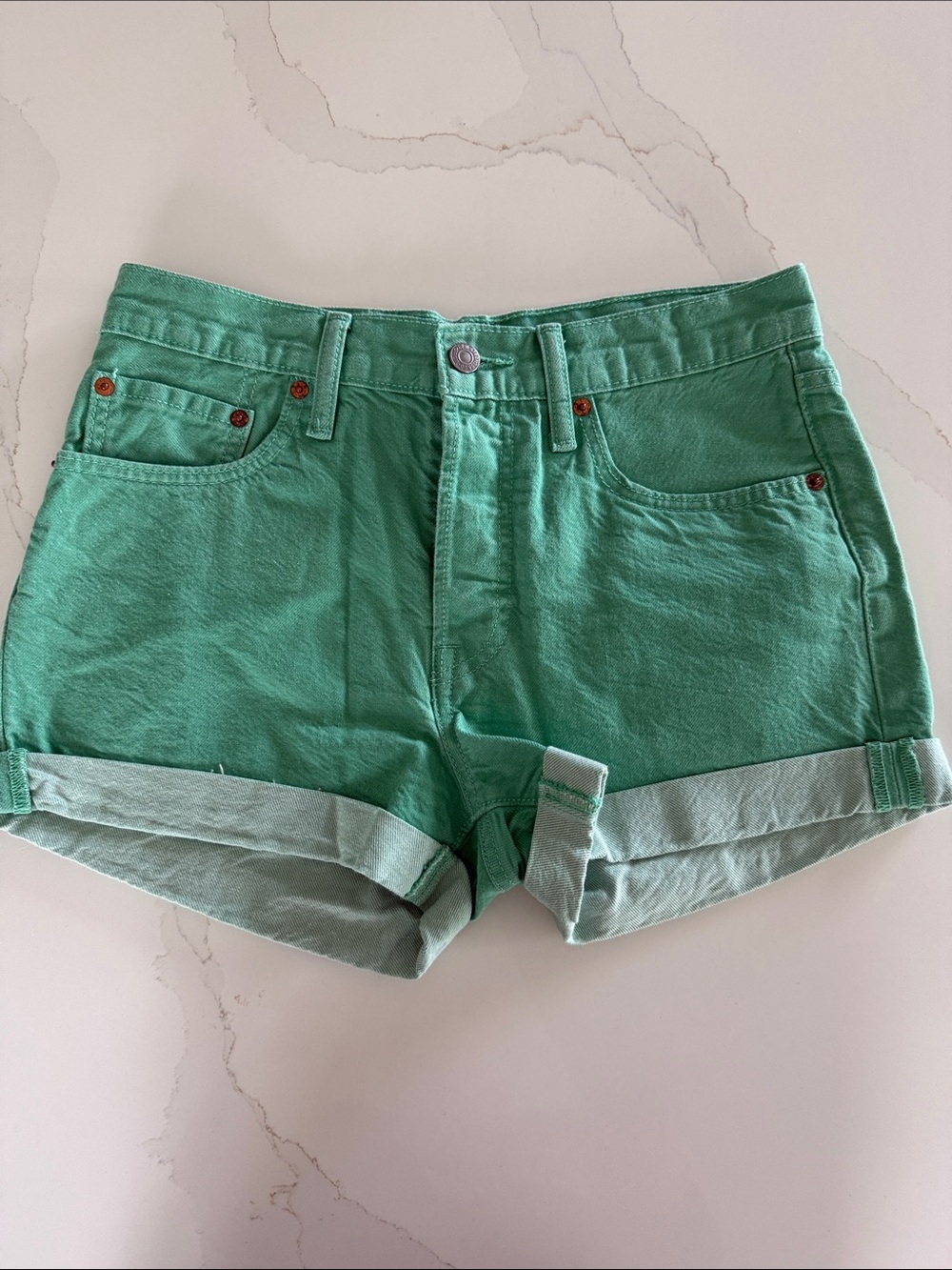 Levi's Teal Green Rolled-Hem Denim Shorts